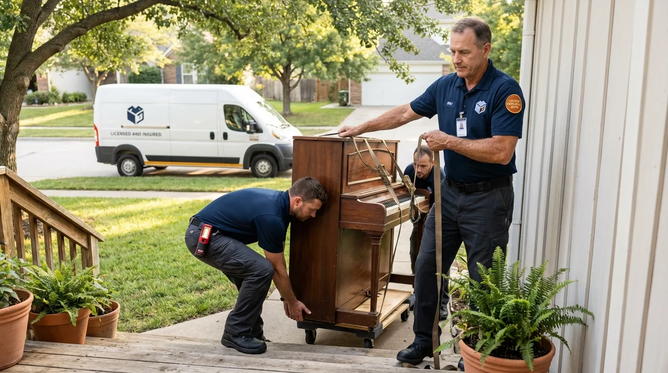 Licensed piano movers securing grand piano in Toulon, IL