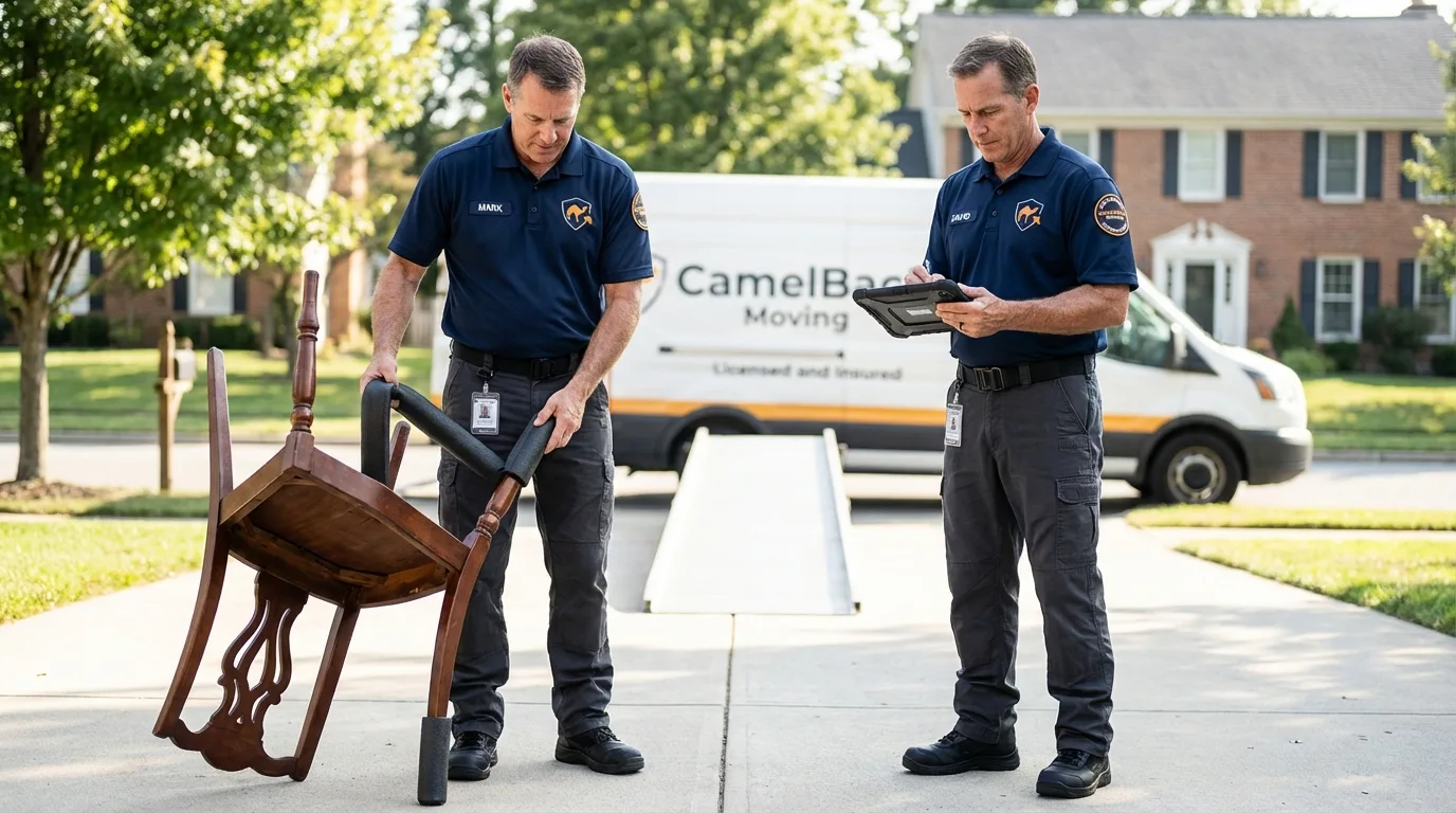 Movers inspecting furniture for damage prevention before loading in Toulon, IL