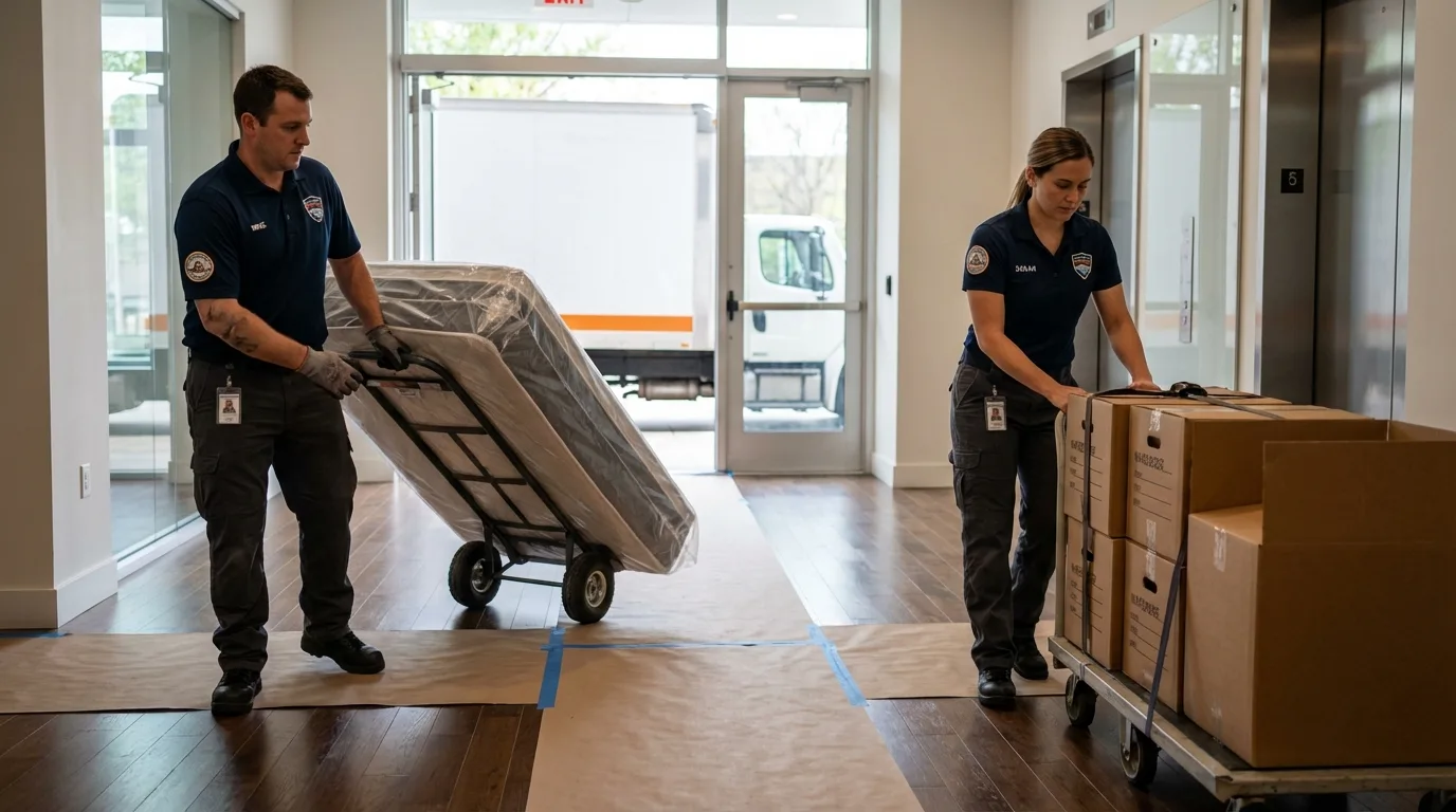 Professional apartment movers loading elevator in Toulon, IL