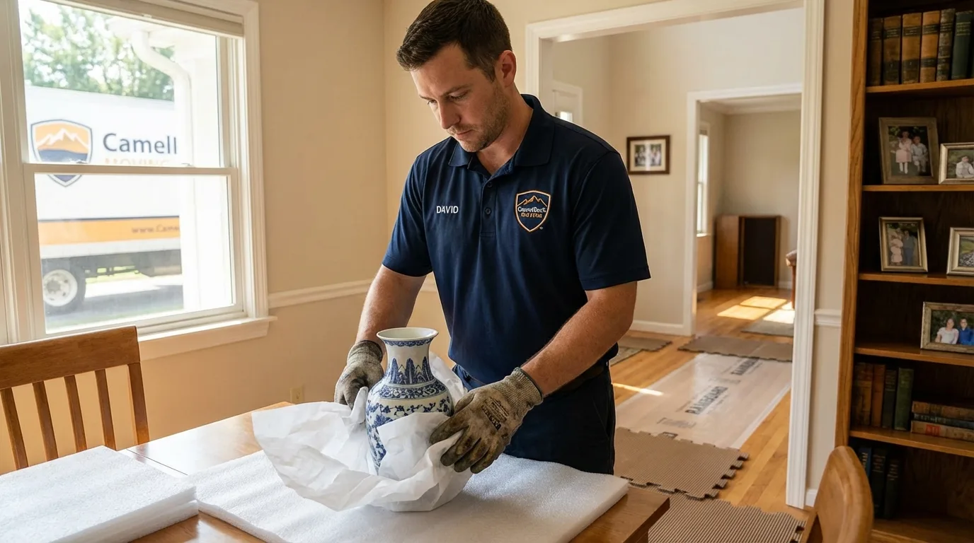 Professional crew carefully wrapping antique vase for senior downsizing move in Toulon, IL