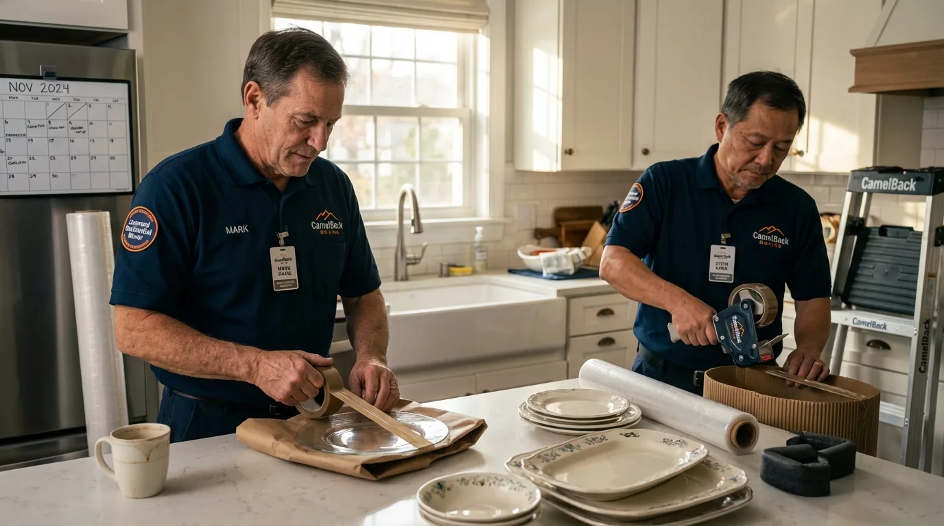 Professional crew packing kitchen dishware in Toulon, IL